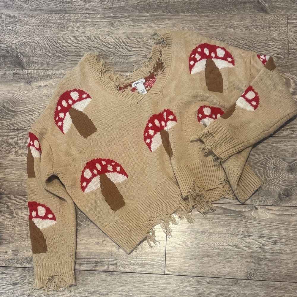 Rue21 Tan and Red Mushroom Sweater